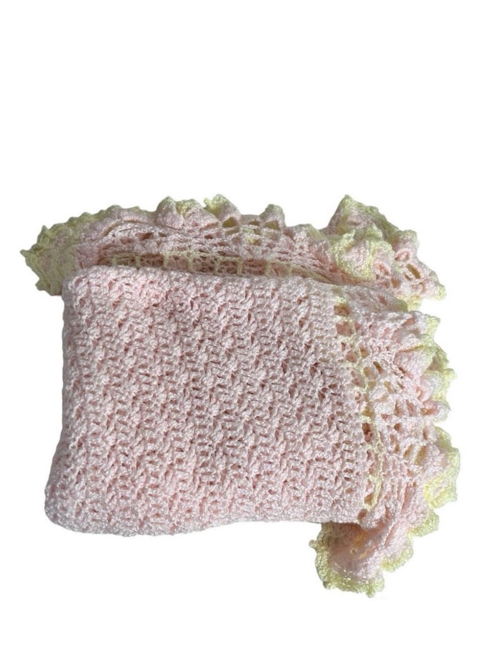 HANDMADE Baby Pink Blanket Yellow Trim Lacy Edge 46 x 54